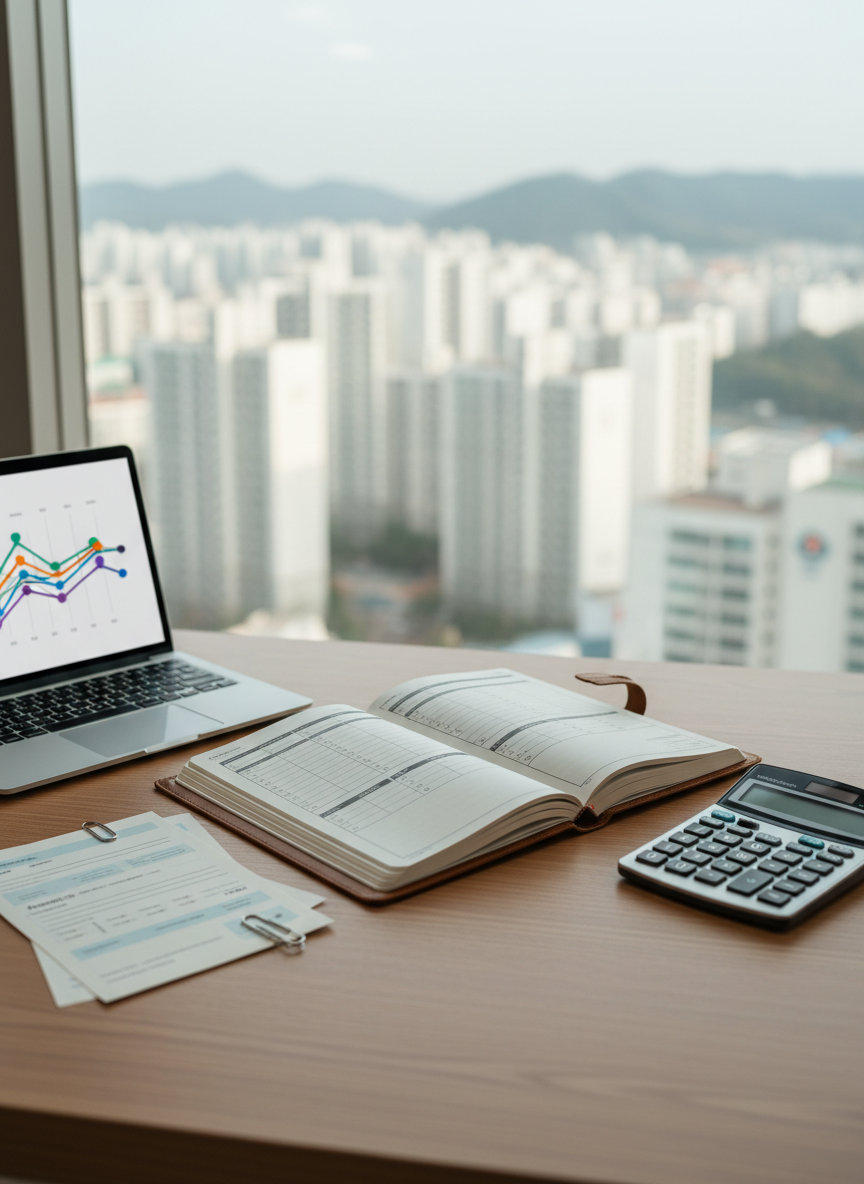 A neatly arranged wooden desk representing smart retirement money management, with an open planner filled with tidy handwritten budget tables replaced by simple geometric lines, a silver calculator, and a stack of neatly clipped pension and government support forms shown as icon-like sheets without readable text. A slim laptop displays colorful but abstract charts about long-term savings. The scene sits near a large apartment window overlooking a soft-focus Korean cityscape. Late-morning natural light streams in, casting gentle shadows and subtle reflections on the smooth desk surface. Photographic realism at eye level, with a calm, professional mood, clean modern composition, and shallow depth of field that keeps the financial tools crisp while the background softly blurs.