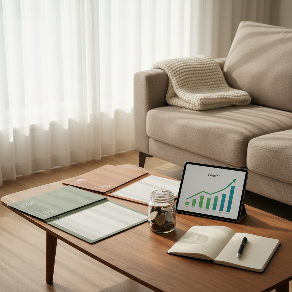 A cozy yet modern living room scene symbolizing preparing for a 100-year life, with a low wooden coffee table covered in organized retirement documents visualized as blank but clearly categorized folders, a tablet showing a bright pension growth graph without text, and a glass jar half-filled with assorted Korean coins beside a simple notebook and pen. A neutral-toned sofa and a neatly folded blanket sit in the background. Soft afternoon light enters through a sheer-curtained window, creating warm highlights and gentle shadows. Photographic realism with a slightly elevated angle, balanced composition, and a calm, reassuring atmosphere that emphasizes careful planning for later-life finances.